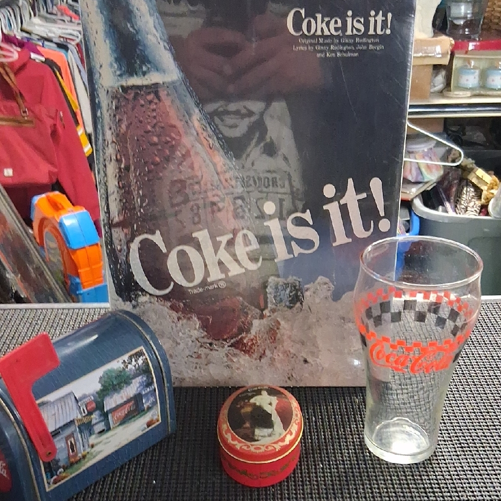 Coca-Cola 'Coke is it!' Vintage Music Sheet,  Two Tins, And Glass Cup